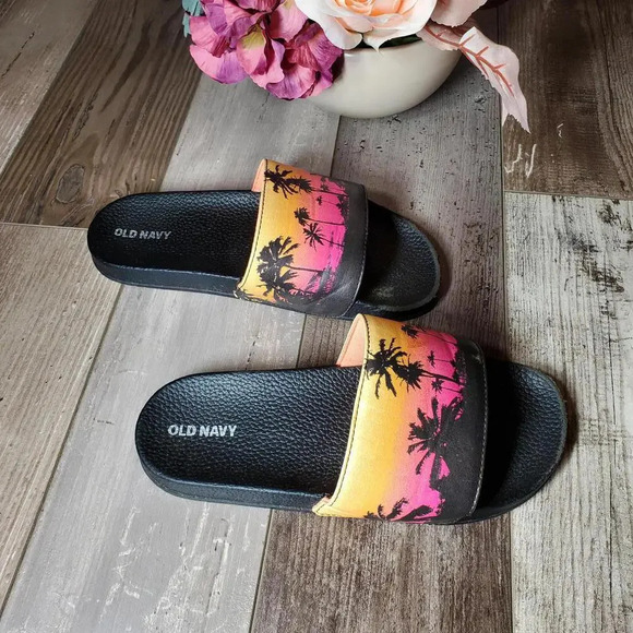 Old Navy Sunset Orange Pink Yellow Slides Size 3-4 Youth Kids - Picture 7 of 9